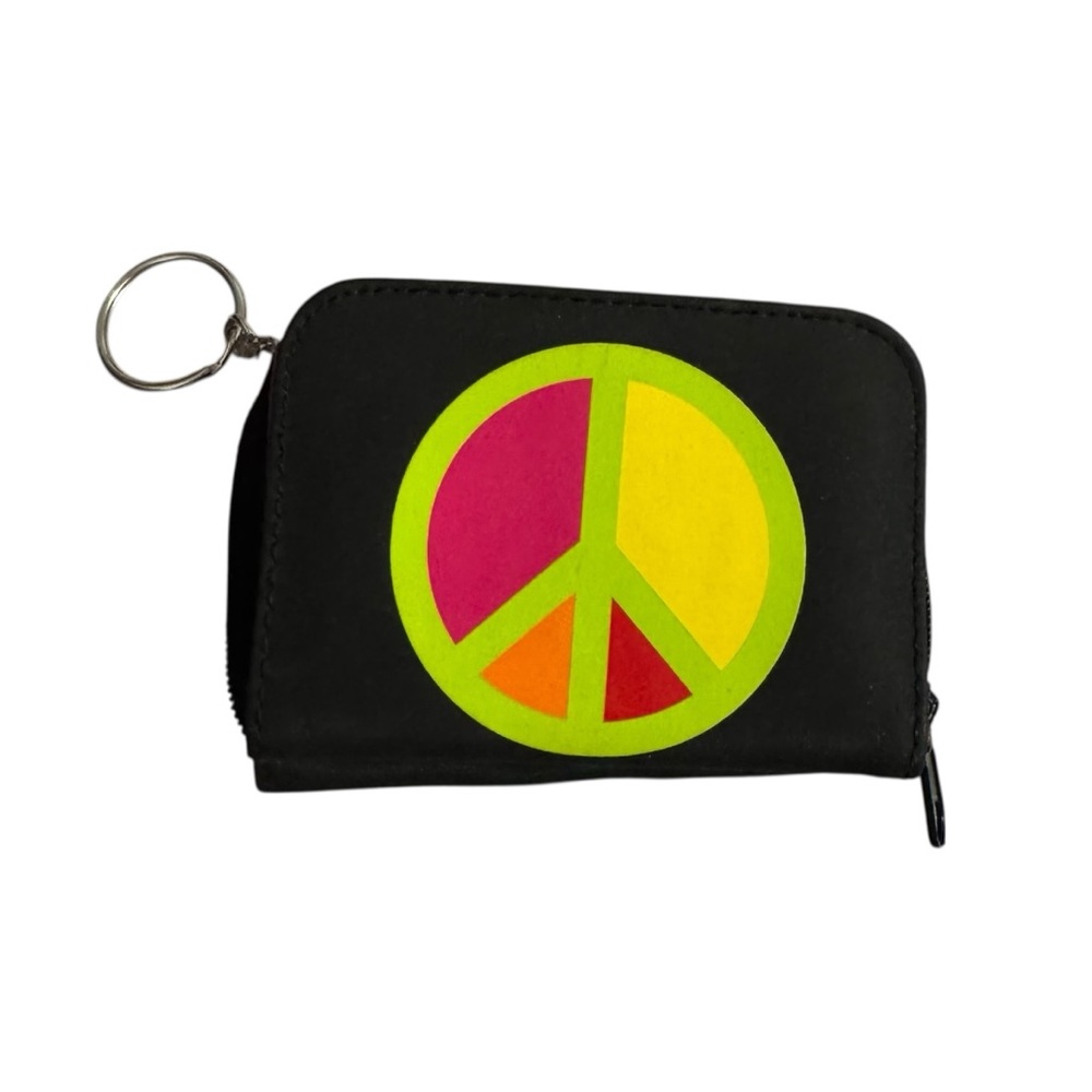 Peace Sign Zip Wallet - Neon Colorblock ID Window & Keyring